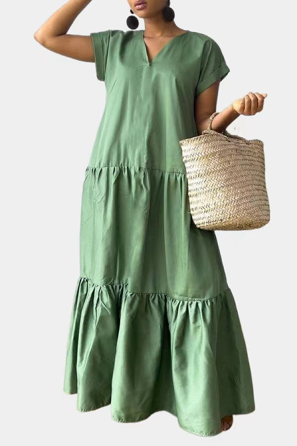 V-Neck Ruffle Hem Smock Dress