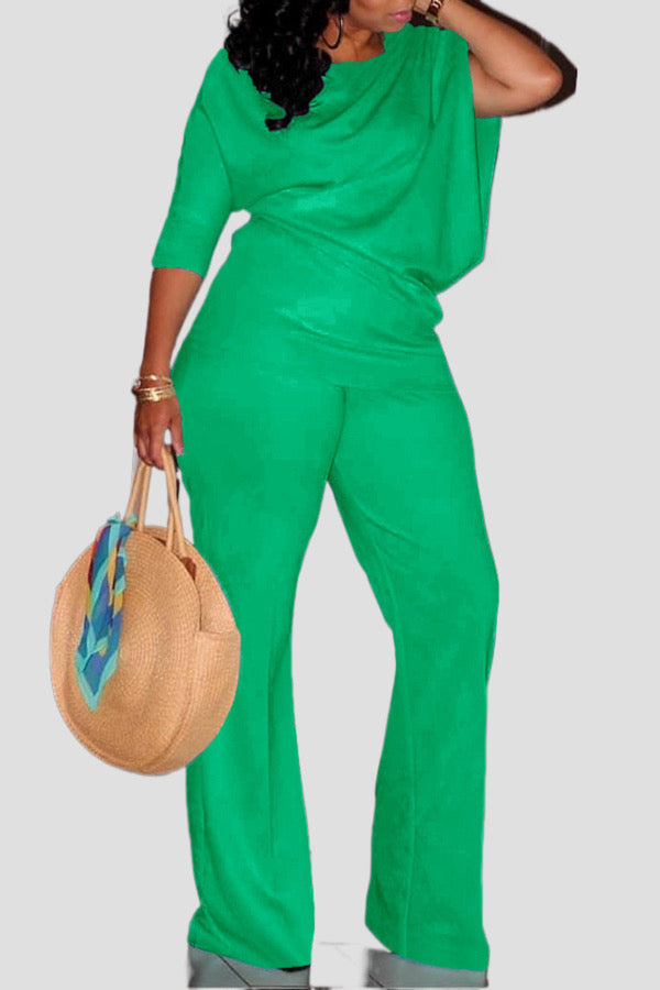 Oblique Neck Solid Top & Pants Set