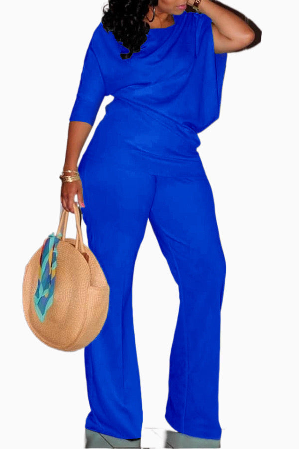 Oblique Neck Solid Top & Pants Set