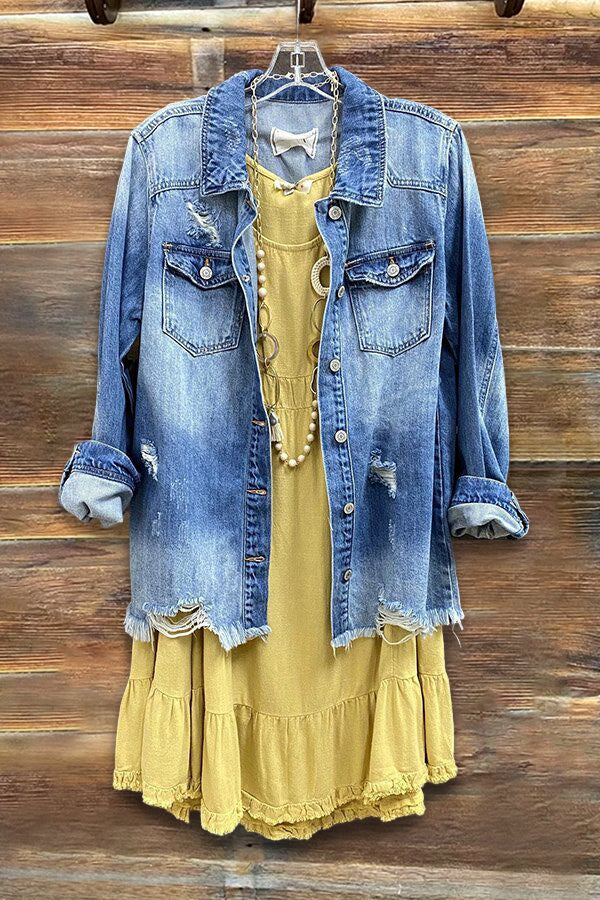 Ripped Holes Frayed Hem Denim Jacket