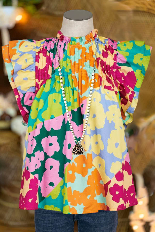 Multicolor Pleated Ruffle Sleeve Blouse