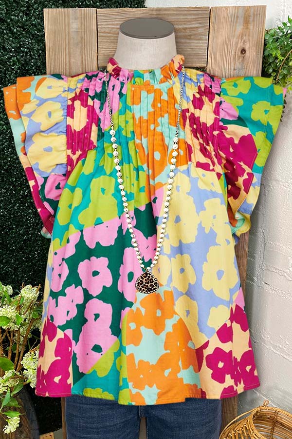 Multicolor Pleated Ruffle Sleeve Blouse