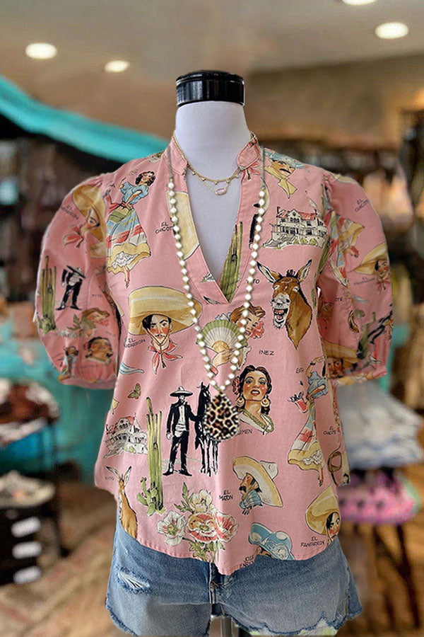 Vintage Print V-neck Puff Sleeve Top