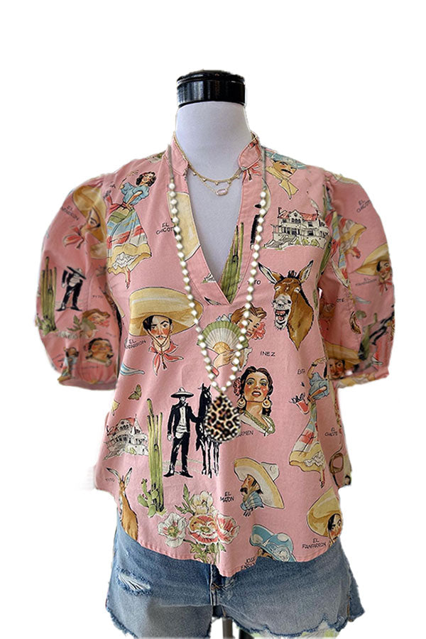 Vintage Print V-neck Puff Sleeve Top