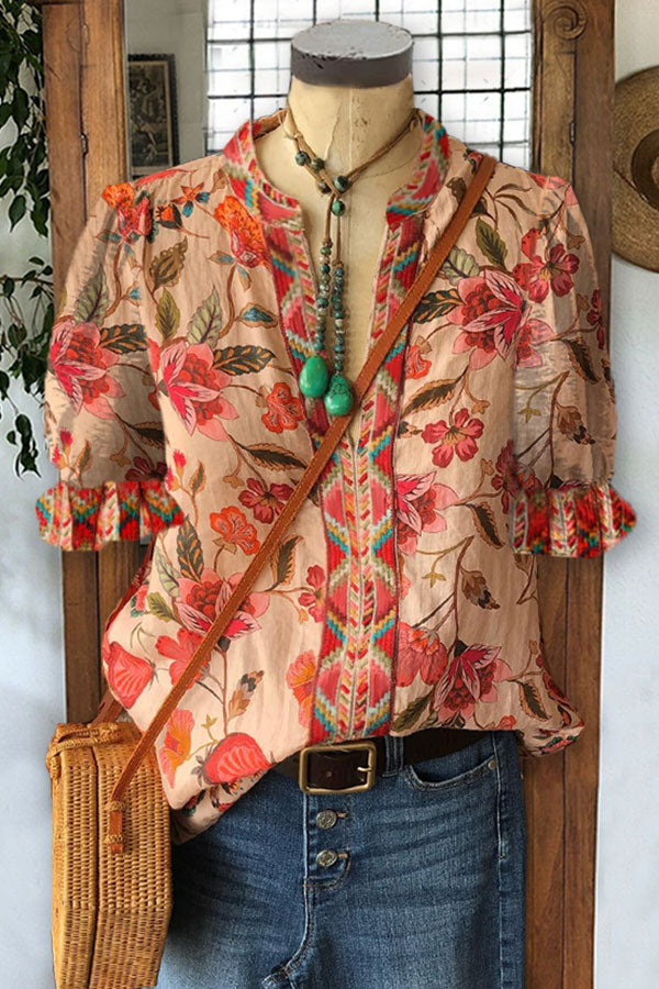 Elegant Floral Print Paneled Geometric Puff Sleeve Top