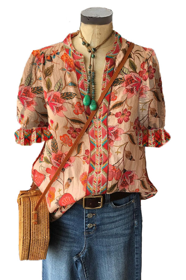 Elegant Floral Print Paneled Geometric Puff Sleeve Top