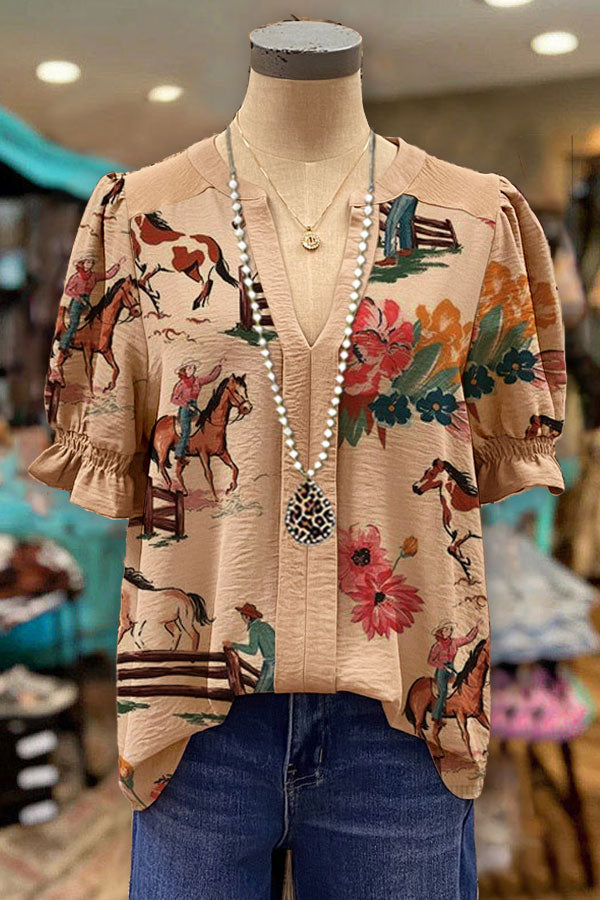 Floral Mix Donkey Print Paneled V-neck Top