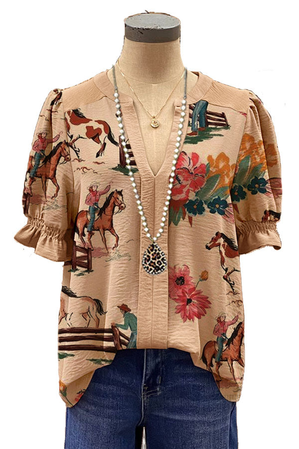 Floral Mix Donkey Print Paneled V-neck Top