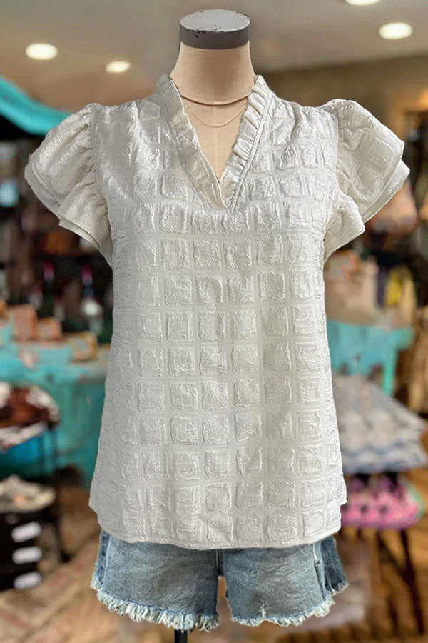 Textured V-neck Ruffle Top