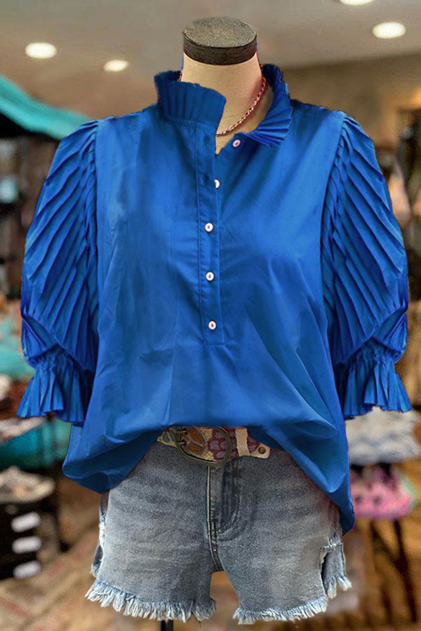 Cotton Pleated Sleeves Paneled Casual Blouse