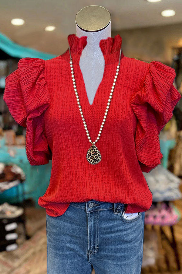 Textured Puff Sleeve Ruffled V-neck Top