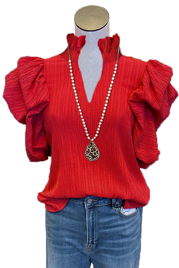 Textured Puff Sleeve Ruffled V-neck Top