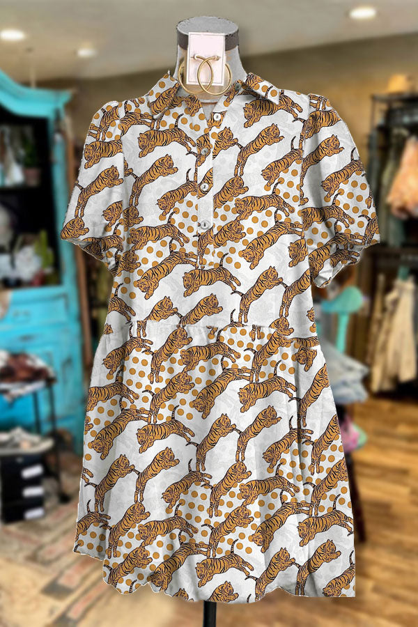 Polka Dot Tiger Print Pleated Dress