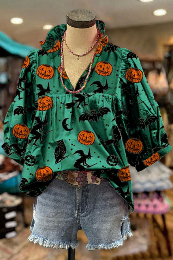 Pumpkin Print V-neck Pleated Top