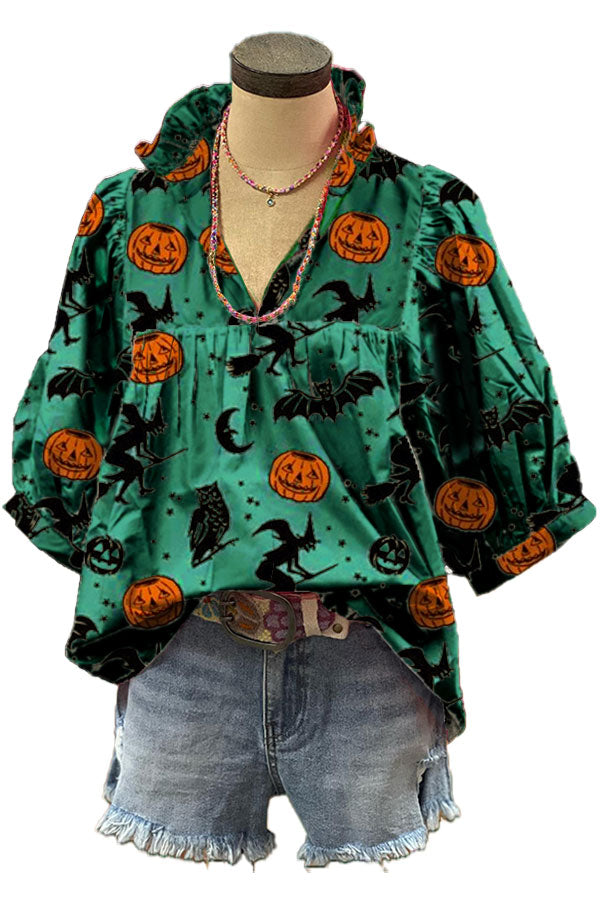 Pumpkin Print V-neck Pleated Top