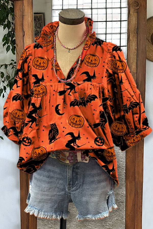 Pumpkin Print V-neck Pleated Top