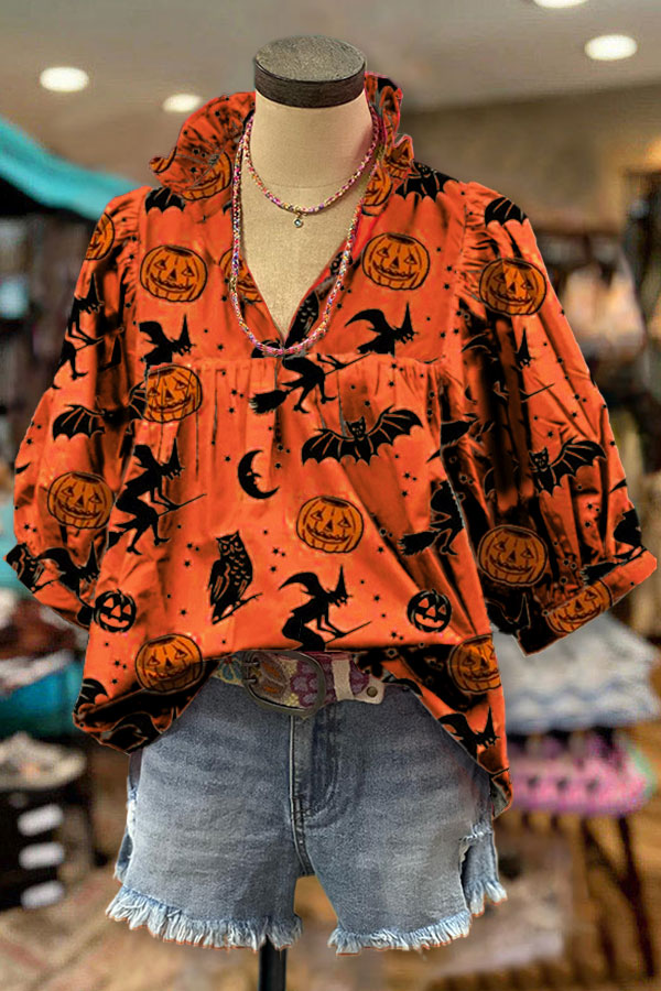 Pumpkin Print V-neck Pleated Top