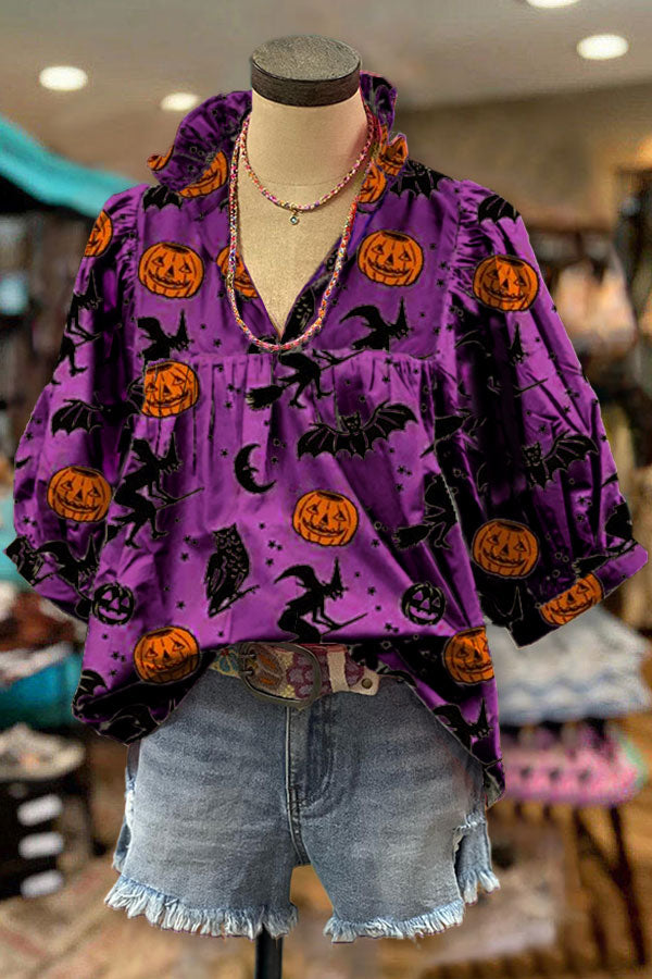 Pumpkin Print V-neck Pleated Top