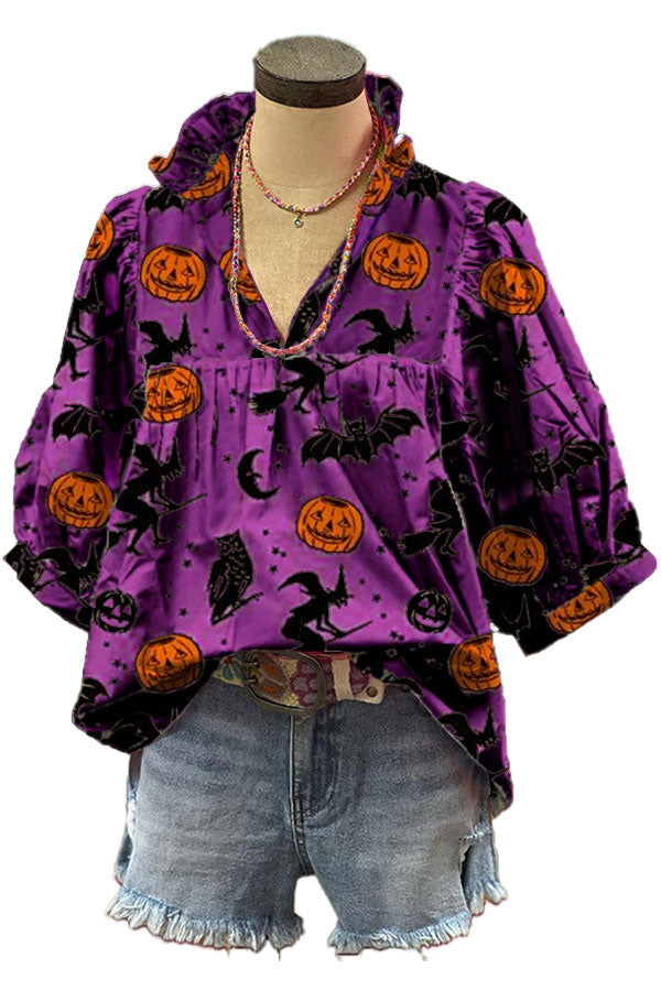 Pumpkin Print V-neck Pleated Top