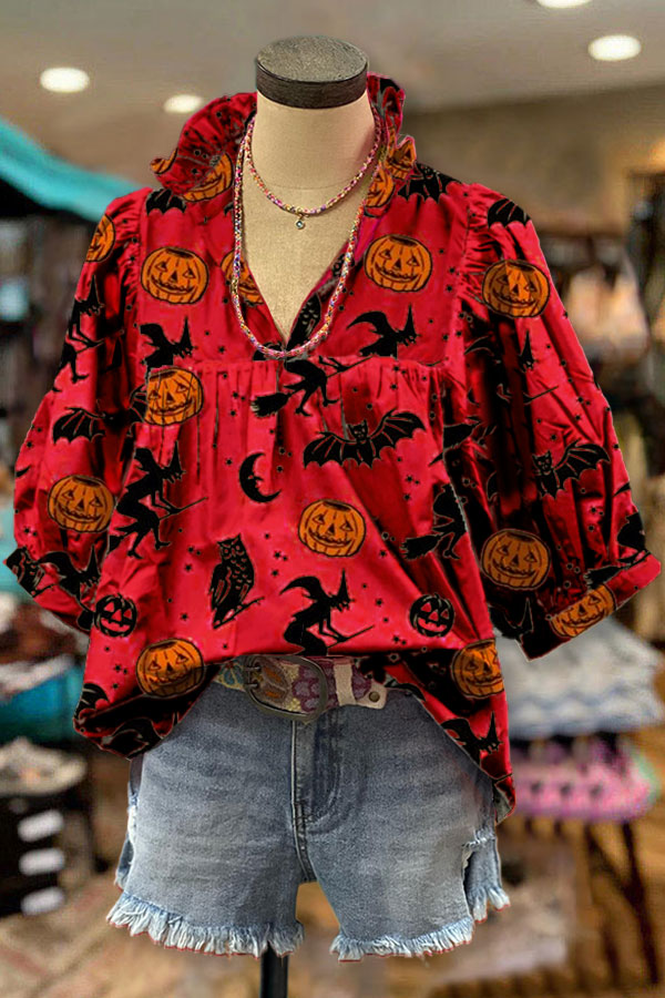 Pumpkin Print V-neck Pleated Top