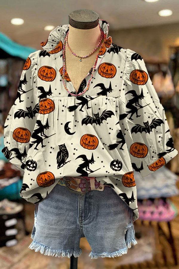 Pumpkin Print V-neck Pleated Top