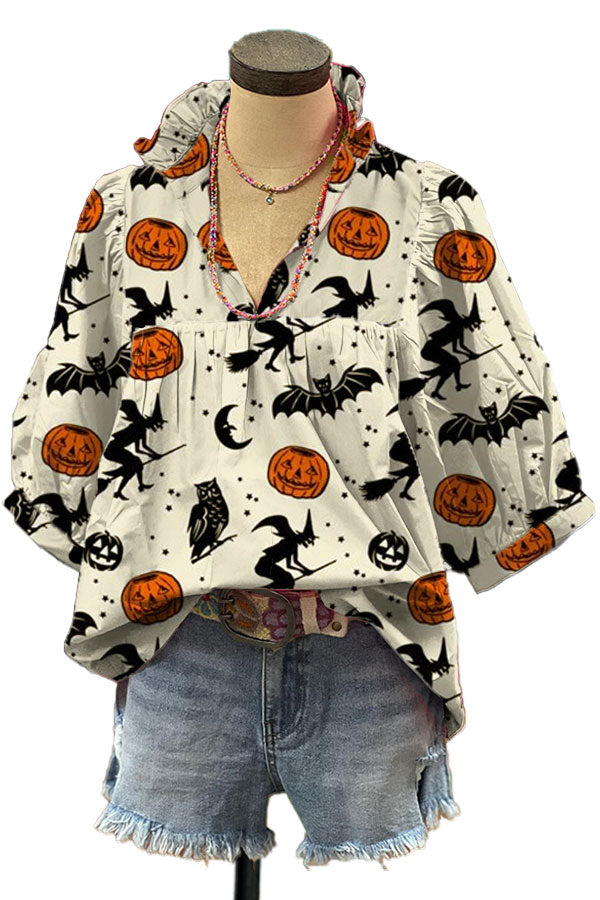 Pumpkin Print V-neck Pleated Top