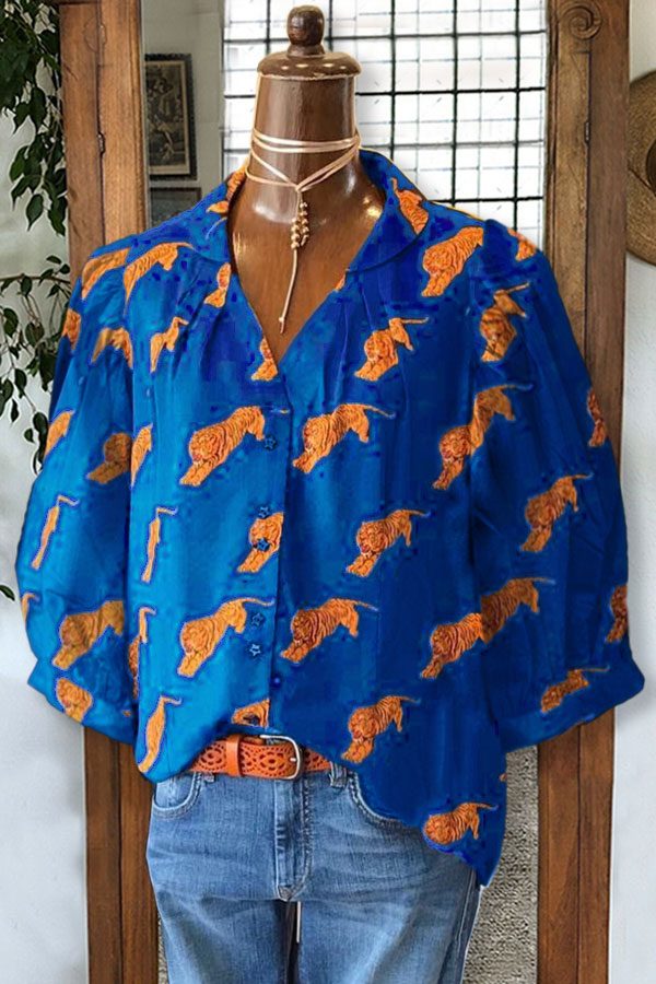 Tiger Print Pleated V-neck Blouse
