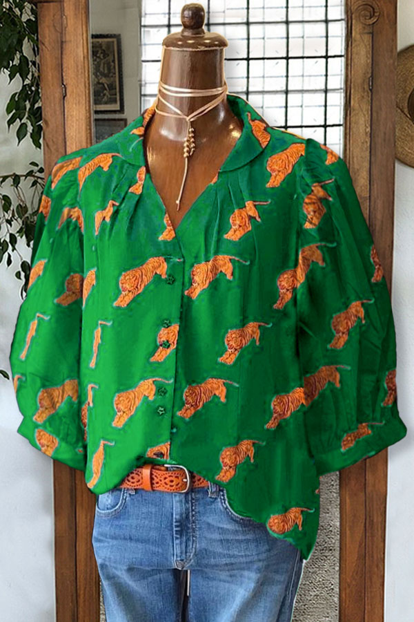 Tiger Print Pleated V-neck Blouse