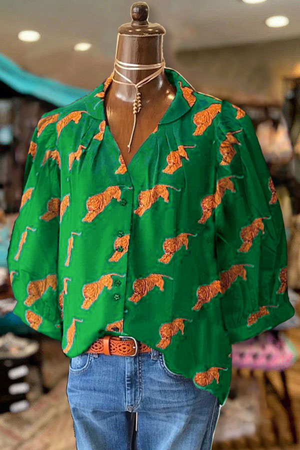 Tiger Print Pleated V-neck Blouse