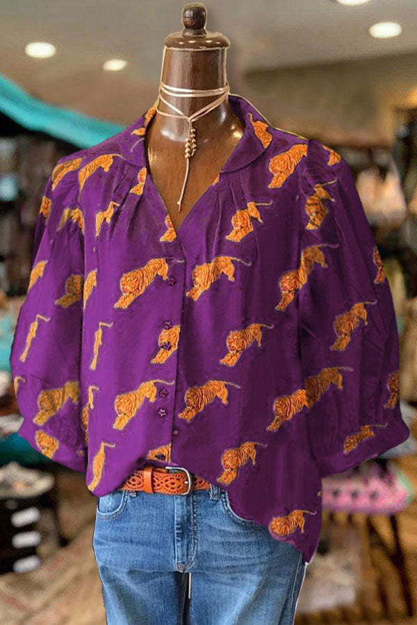 Tiger Print Pleated V-neck Blouse