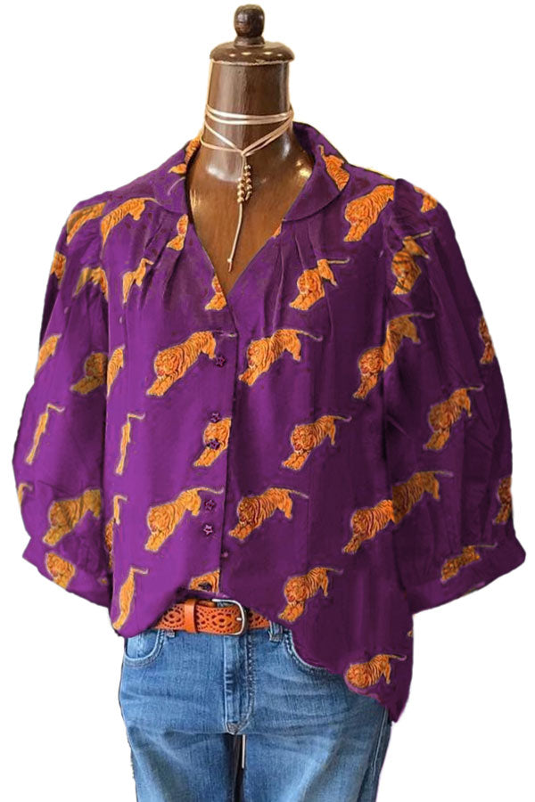 Tiger Print Pleated V-neck Blouse