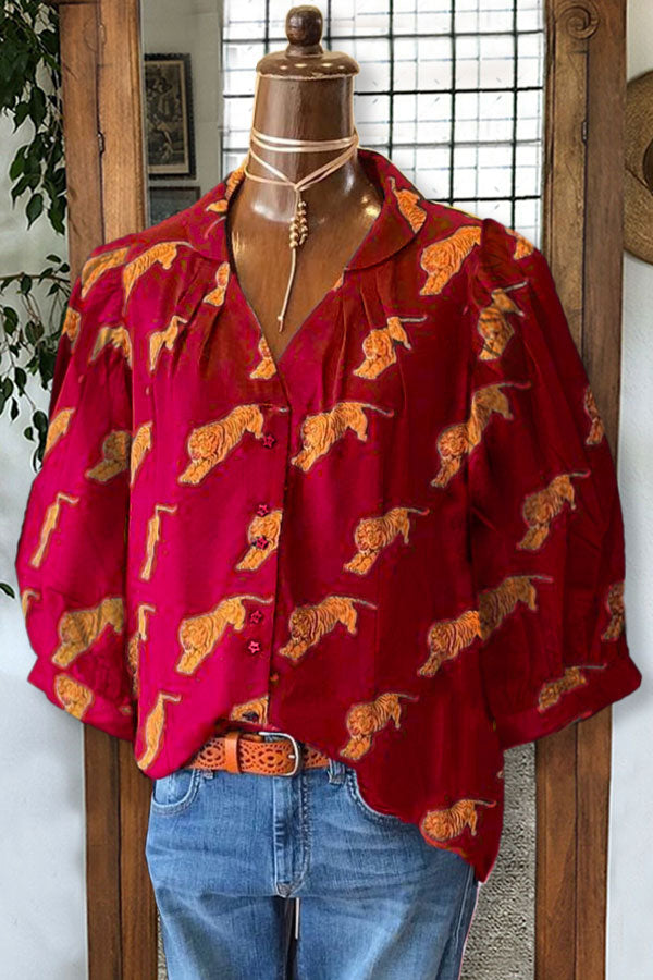 Tiger Print Pleated V-neck Blouse