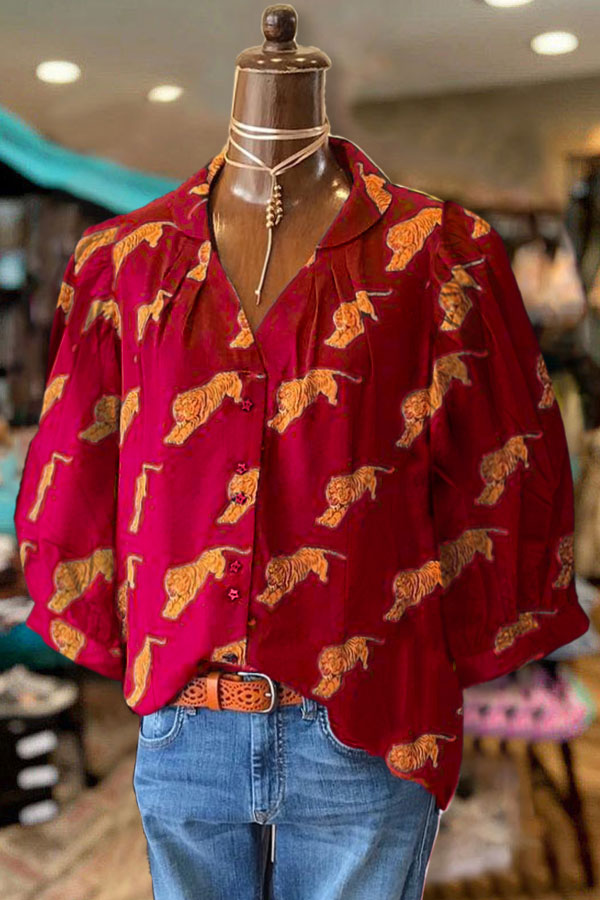 Tiger Print Pleated V-neck Blouse