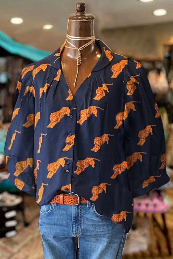 Tiger Print Pleated V-neck Blouse