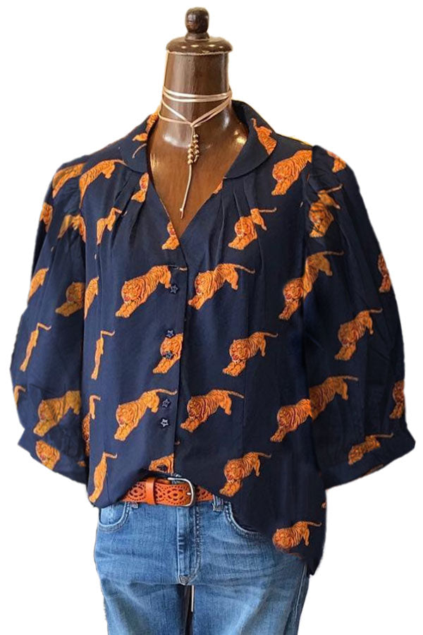 Tiger Print Pleated V-neck Blouse