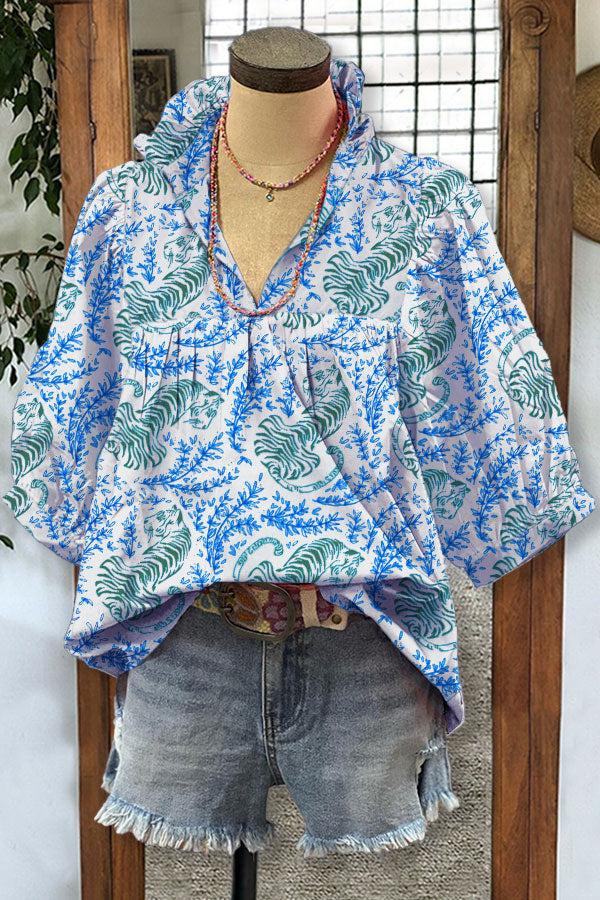 Tiger Mix Vegetal Print V-neck Pleated Top