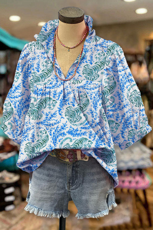 Tiger Mix Vegetal Print V-neck Pleated Top