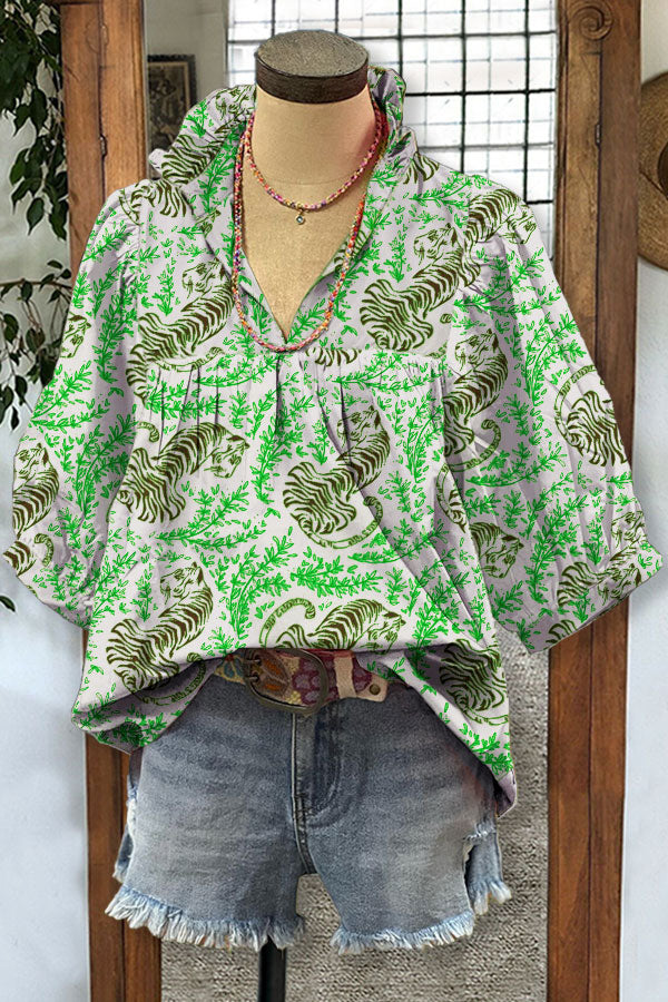 Tiger Mix Vegetal Print V-neck Pleated Top