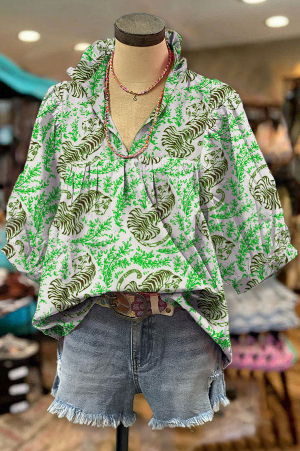 Tiger Mix Vegetal Print V-neck Pleated Top