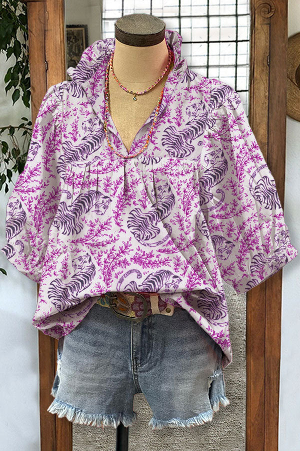 Tiger Mix Vegetal Print V-neck Pleated Top