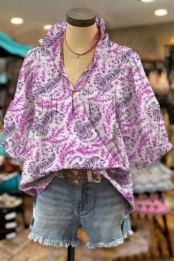 Tiger Mix Vegetal Print V-neck Pleated Top