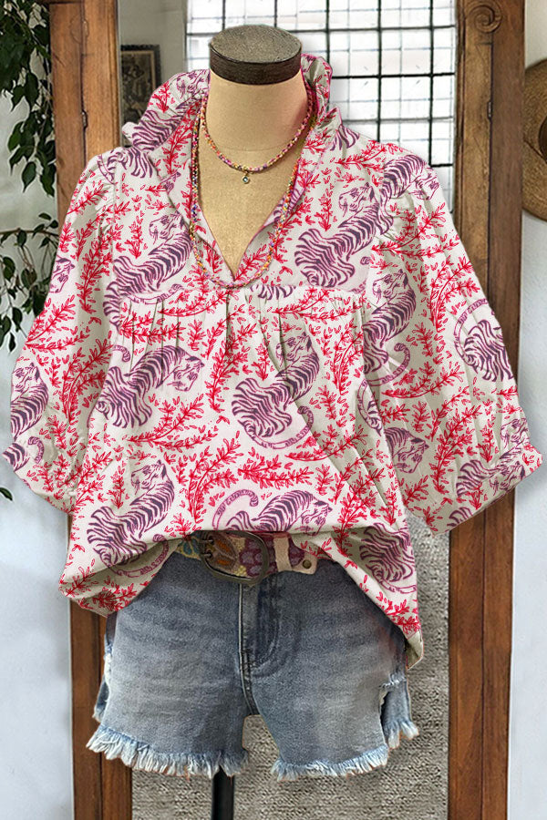 Tiger Mix Vegetal Print V-neck Pleated Top