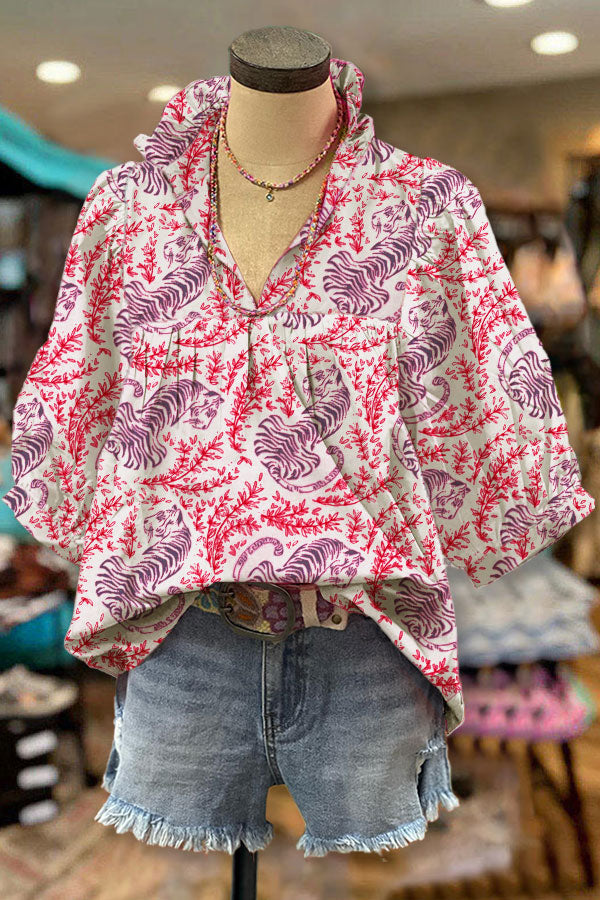 Tiger Mix Vegetal Print V-neck Pleated Top
