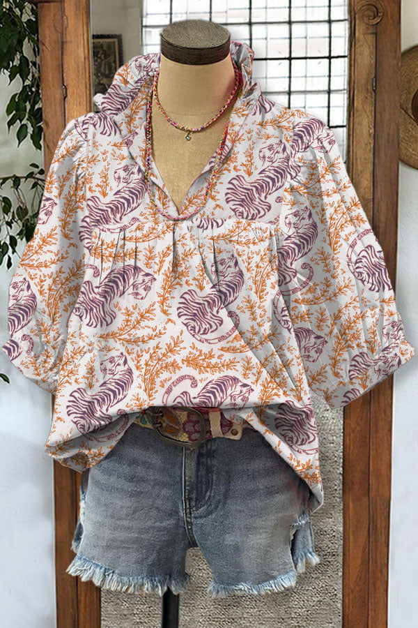 Tiger Mix Vegetal Print V-neck Pleated Top