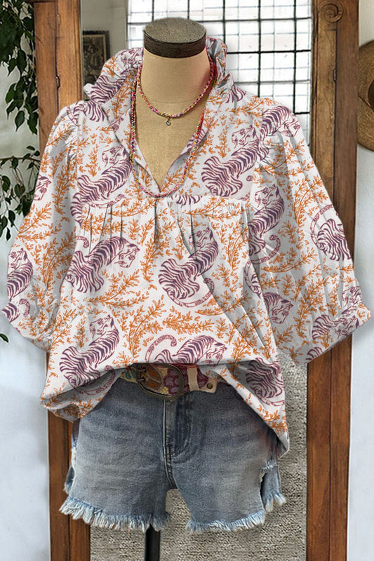 Tiger Mix Vegetal Print V-neck Pleated Top