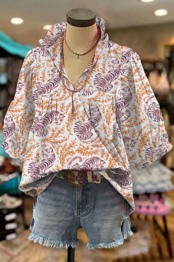 Tiger Mix Vegetal Print V-neck Pleated Top