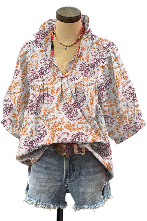 Tiger Mix Vegetal Print V-neck Pleated Top