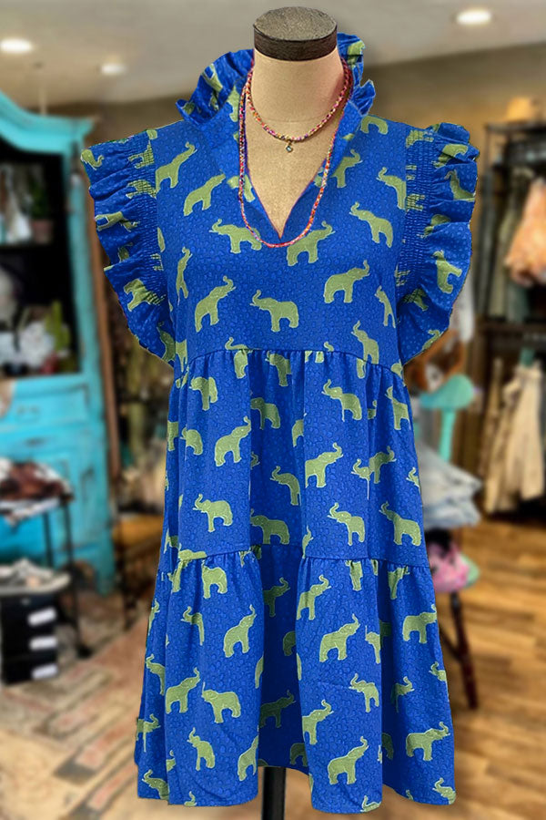 Elephant Mix Graphic Print V-neck Pleated Ruffle Dress