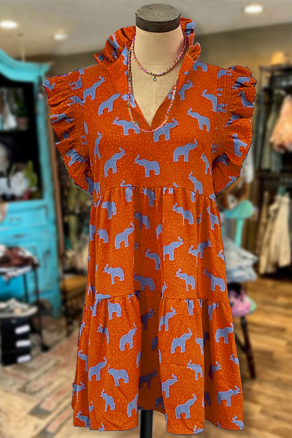 Elephant Mix Graphic Print V-neck Pleated Ruffle Dress