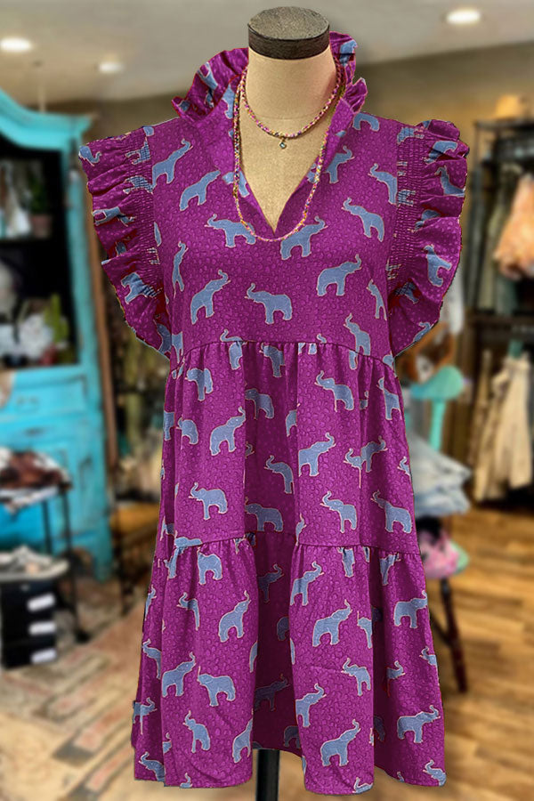 Elephant Mix Graphic Print V-neck Pleated Ruffle Dress